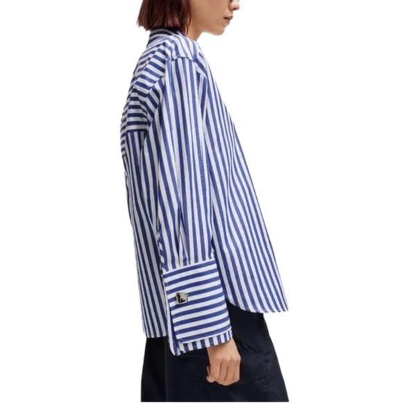 New! HUGO BOSS Oversized Shirt, Blue and Navy Stripe, Size 34 - Picture 5 of 9